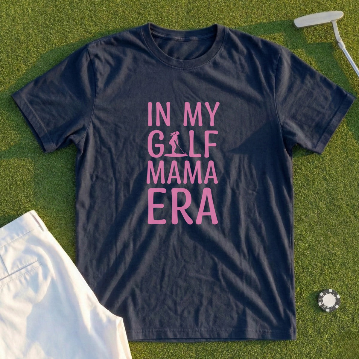 Navy t-shirt with pink text: "IN MY GOLF MAMA ERA".