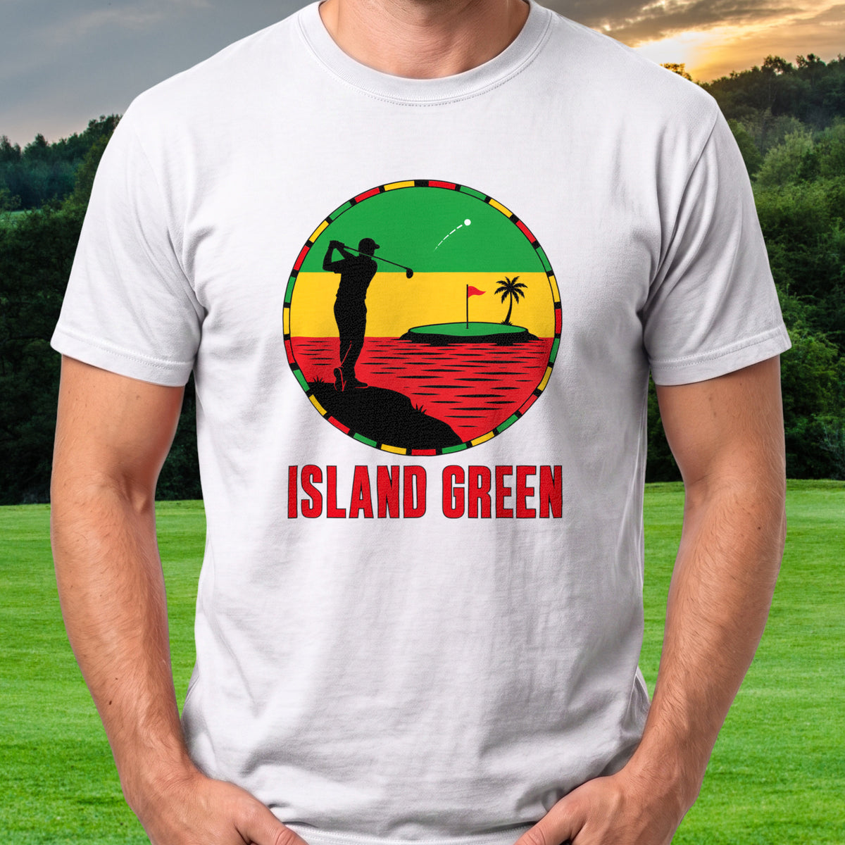 Island Green, Reggae Disc Tee worn on the golf course, White