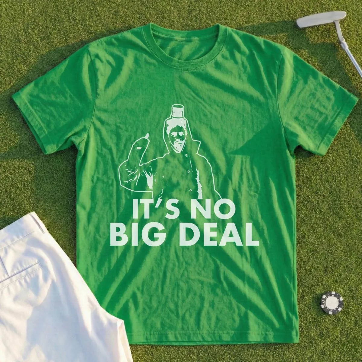Green t-shirt with white graphic and text "IT'S NO BIG DEAL".