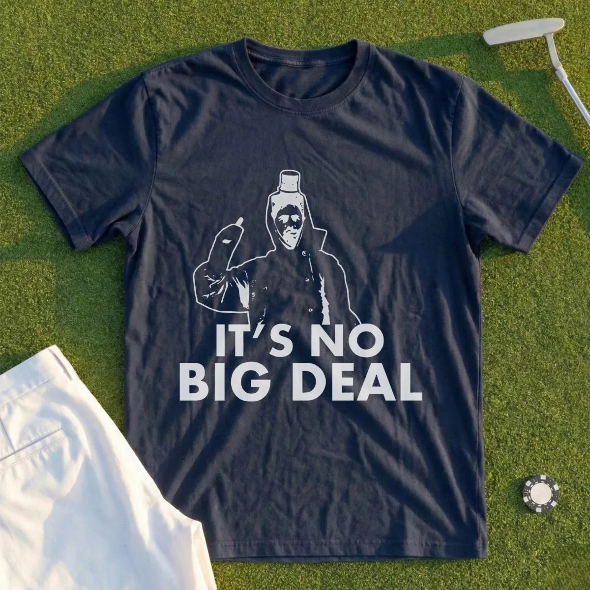 Dark blue t-shirt with cartoon figure and text "IT'S NO BIG DEAL".