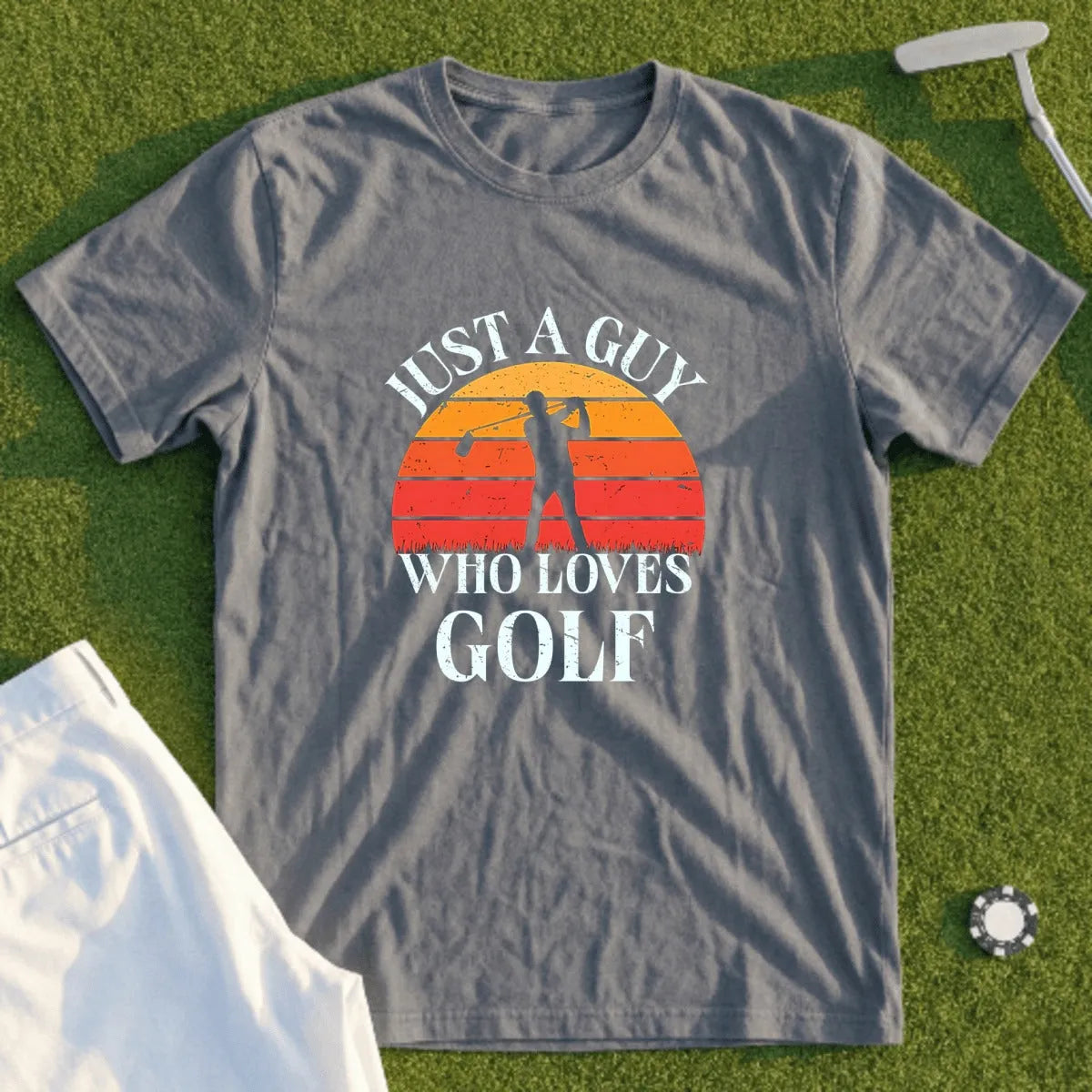 Grey t-shirt with "Just a Guy Who Loves Golf" text and golfer silhouette.
