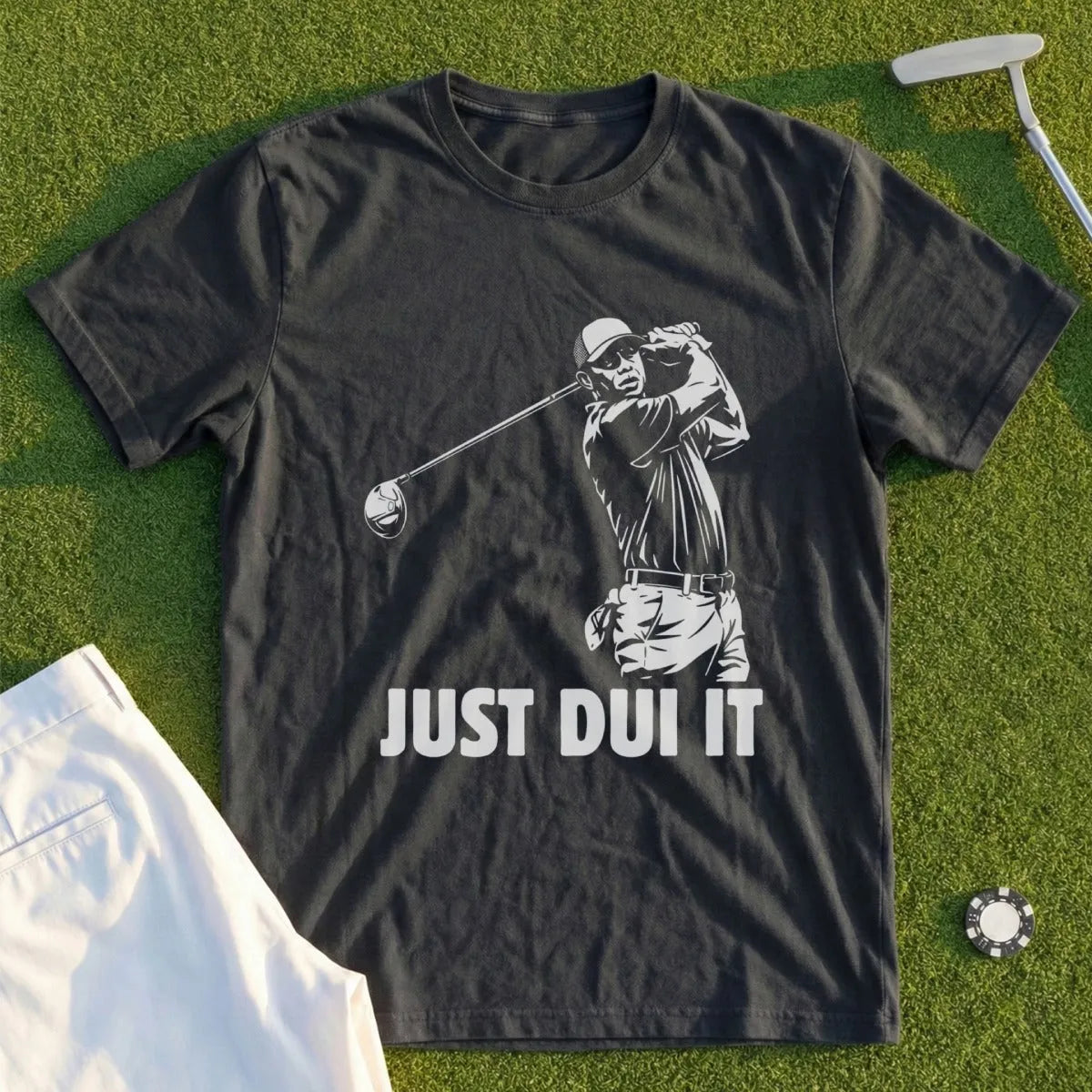 Dark t-shirt with "JUST DUI IT" and golfer graphic.