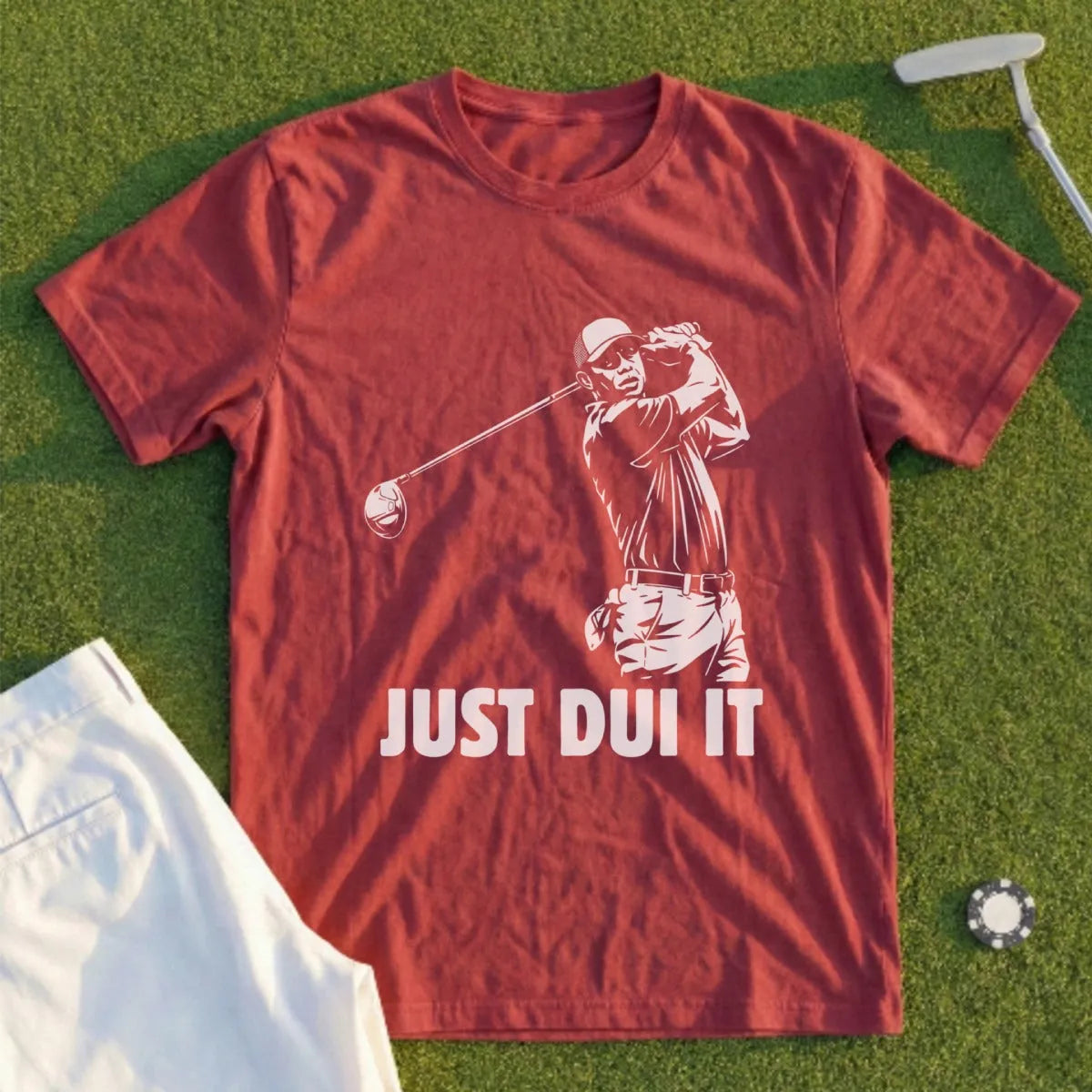 Maroon t-shirt with a golfer graphic and "JUST DUI IT" text.