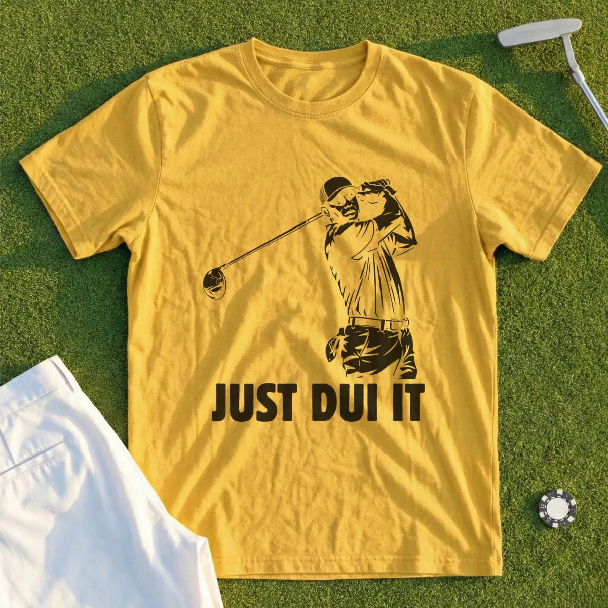 Yellow t-shirt with golfer silhouette and "JUST DUI IT" text.
