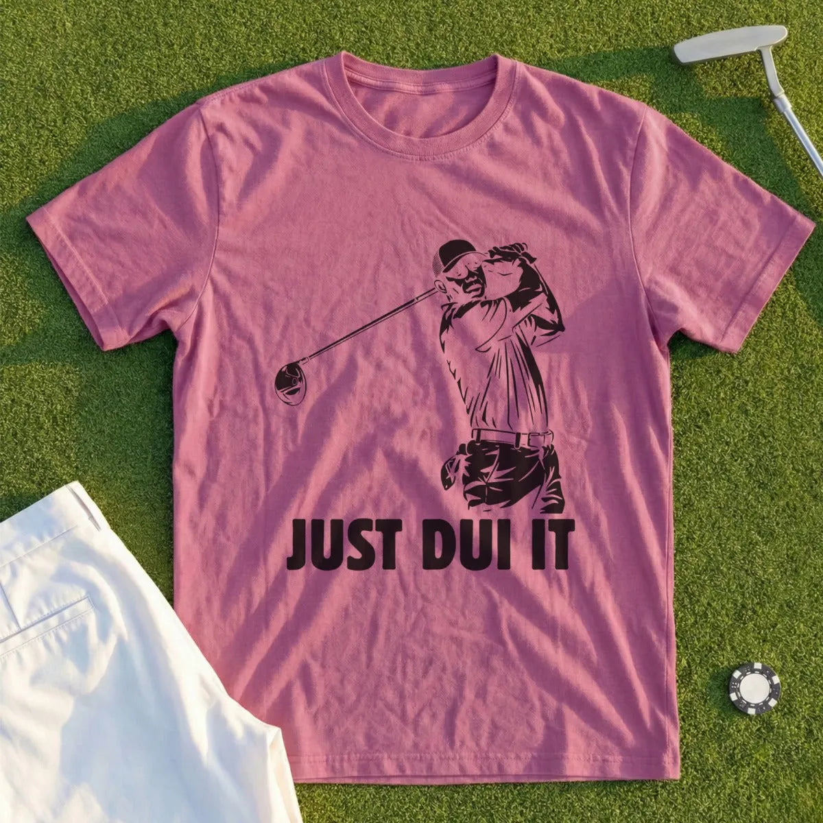 T-shirt with a golfer swinging and the text "JUST DUI IT".
