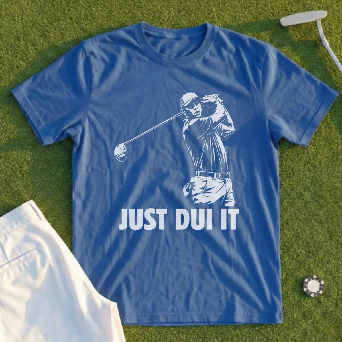 Blue t-shirt with golfer graphic and text "JUST DUI IT".