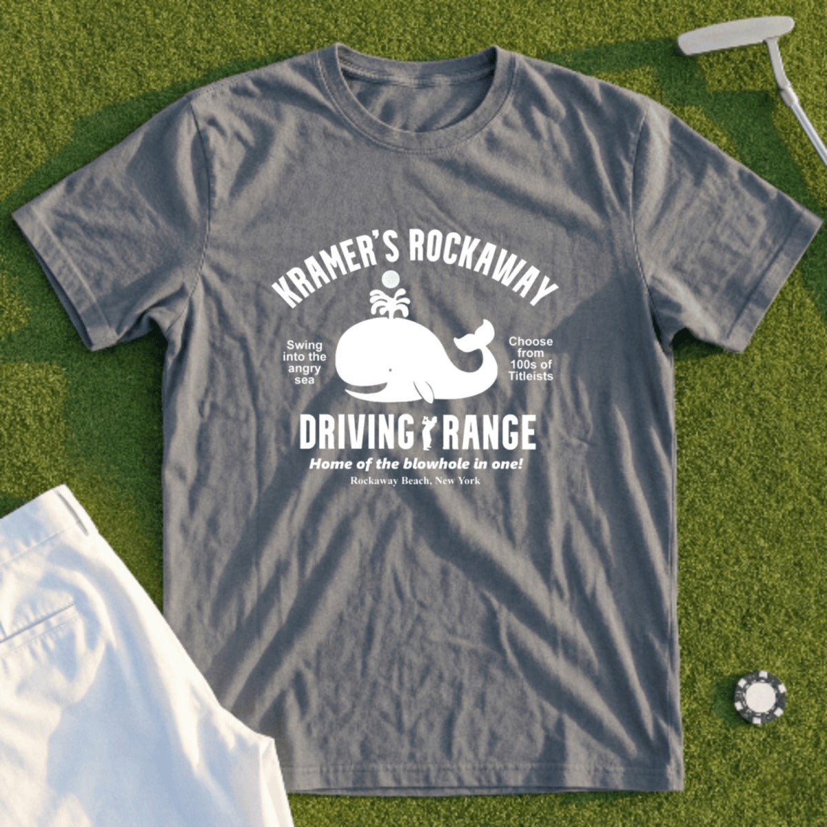 Grey t-shirt with Kramer's Rockaway Driving Range and whale logo.