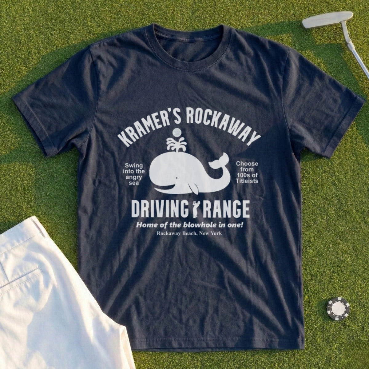 Navy t-shirt with Kramer's Rockaway Driving Range logo and text.