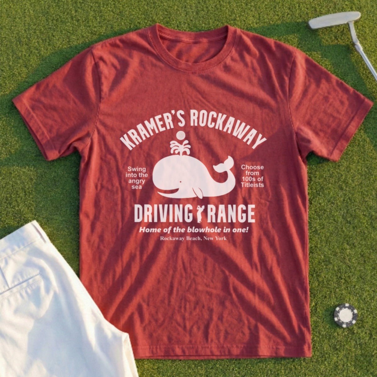Kramer's Rockaway Driving Range t-shirt with whale graphic and text.