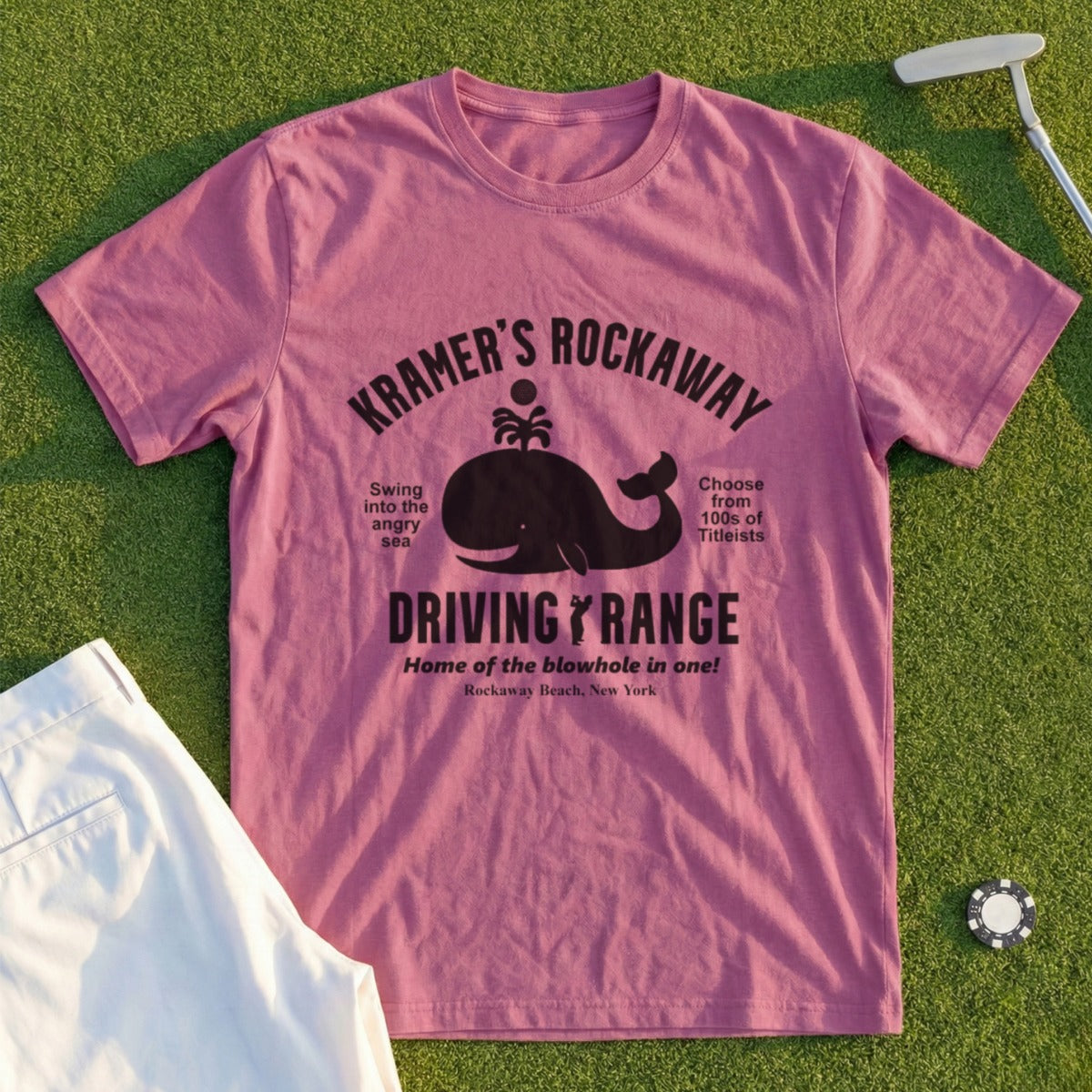 Kramer's Rockaway Driving Range t-shirt with whale graphic.