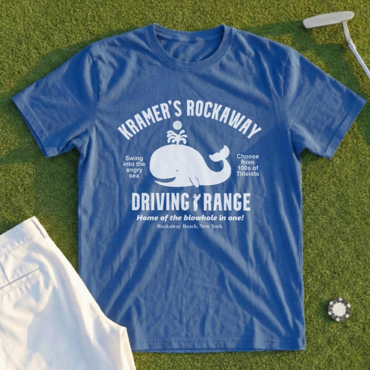 Blue t-shirt with Kramer's Rockaway Driving Range logo and text.