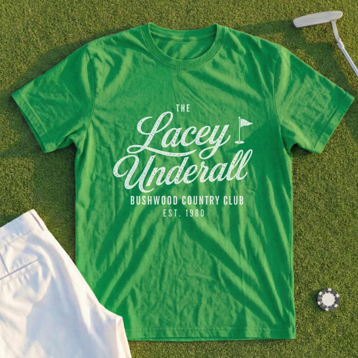 Green t-shirt with "The Lacey Underall Bushwood Country Club EST. 1980" text.