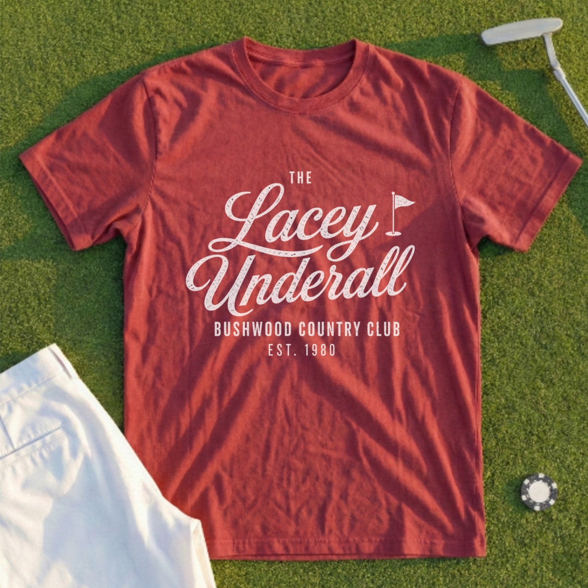 Burgundy t-shirt with "Lacey Underall Bushwood Country Club EST. 1980" text.