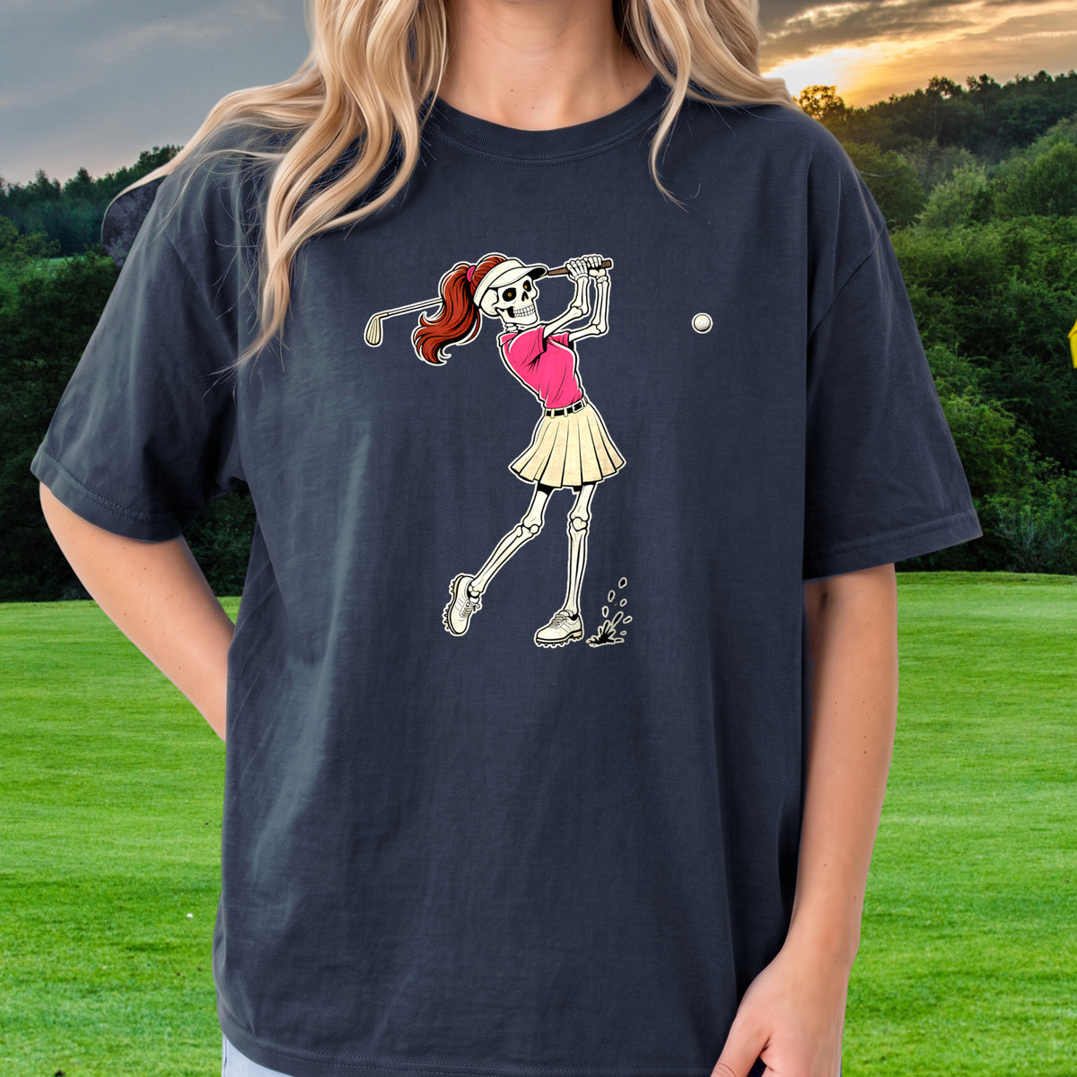 Lady Skeleton Tee worn on the golf course, Navy