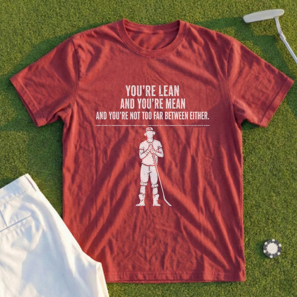 Maroon t-shirt with "You're lean and you're mean" graphic.