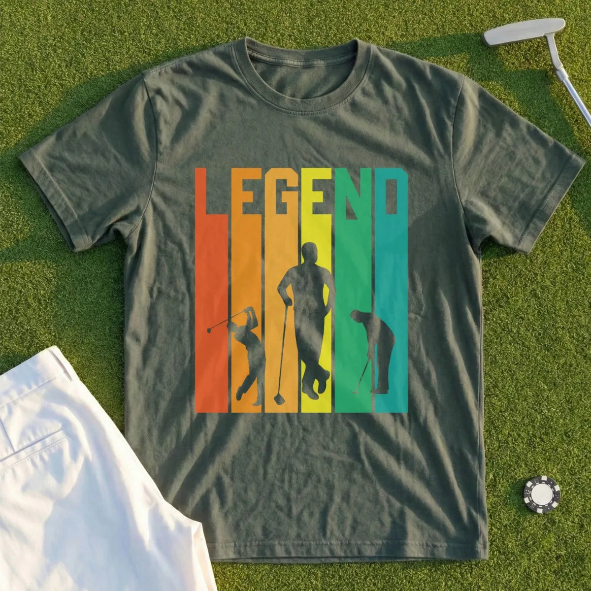 Green t-shirt with "LEGEND" text and colorful golf silhouette graphics.