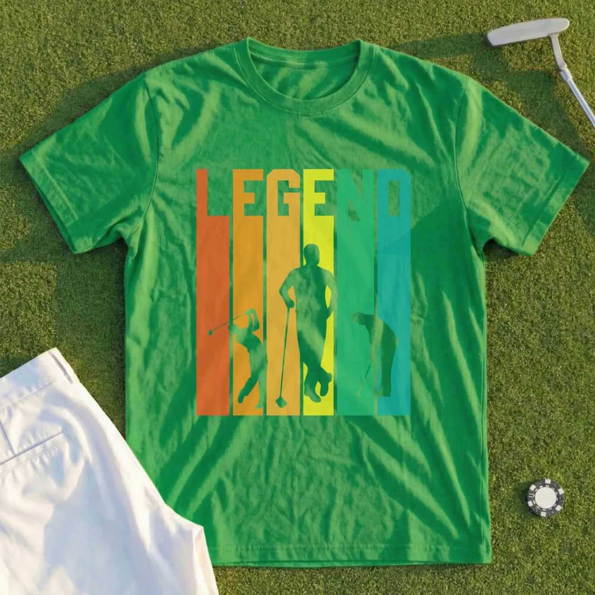 Green t-shirt with colorful stripes and golfer silhouettes reading "LEGEND".