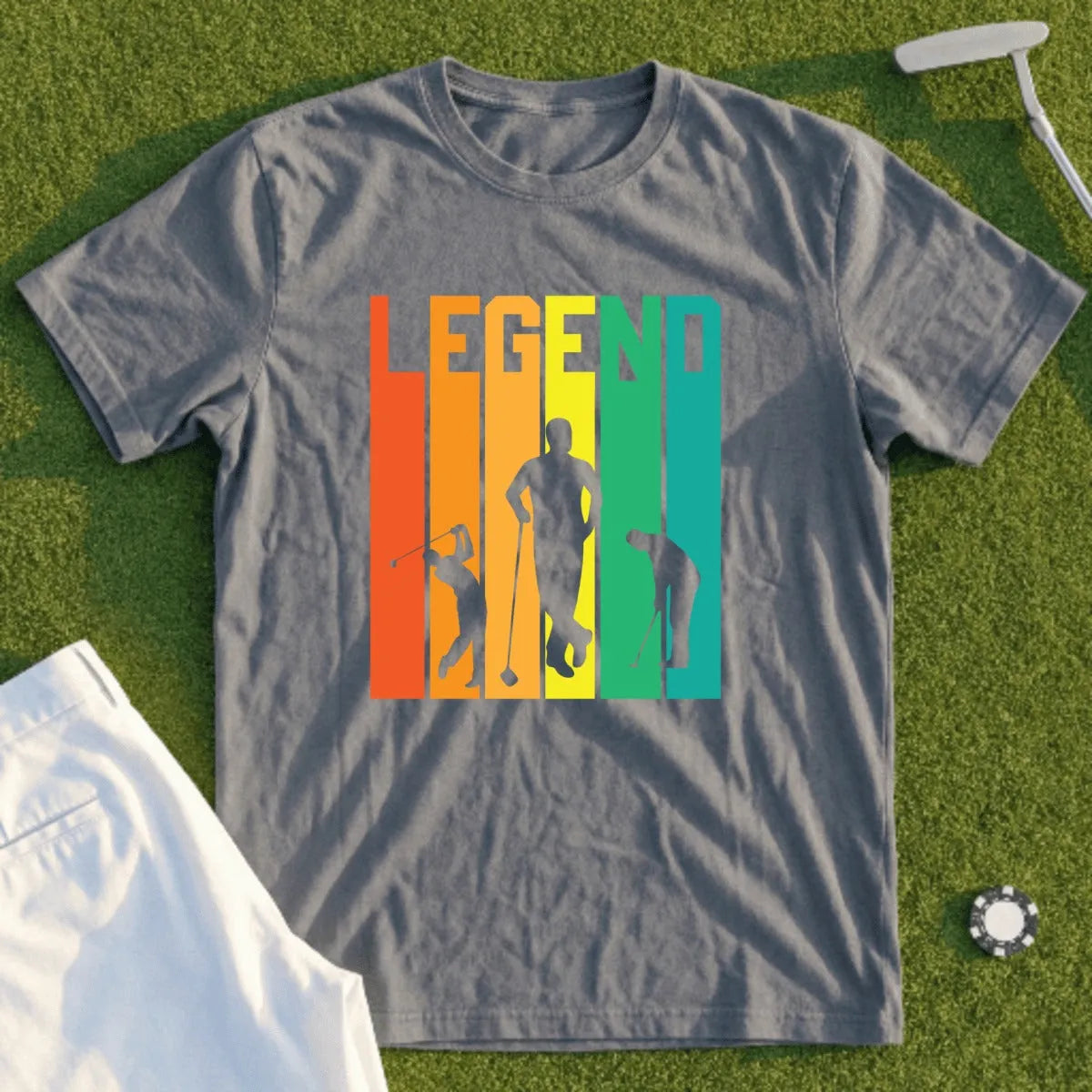 Gray t-shirt with "LEGEND" text and three golf silhouette figures.