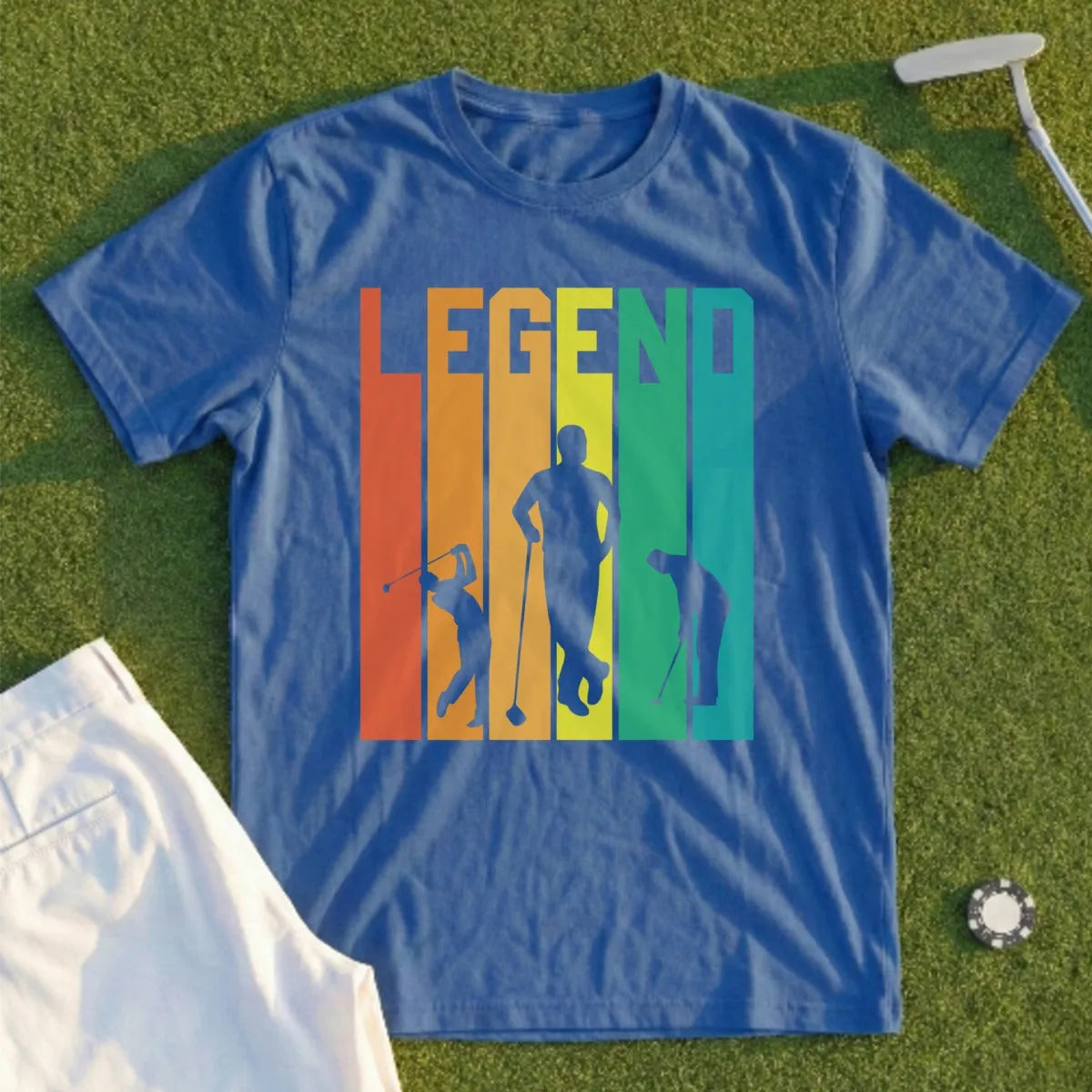 Blue t-shirt with "LEGEND" in colorful vertical bars and golf silhouette.