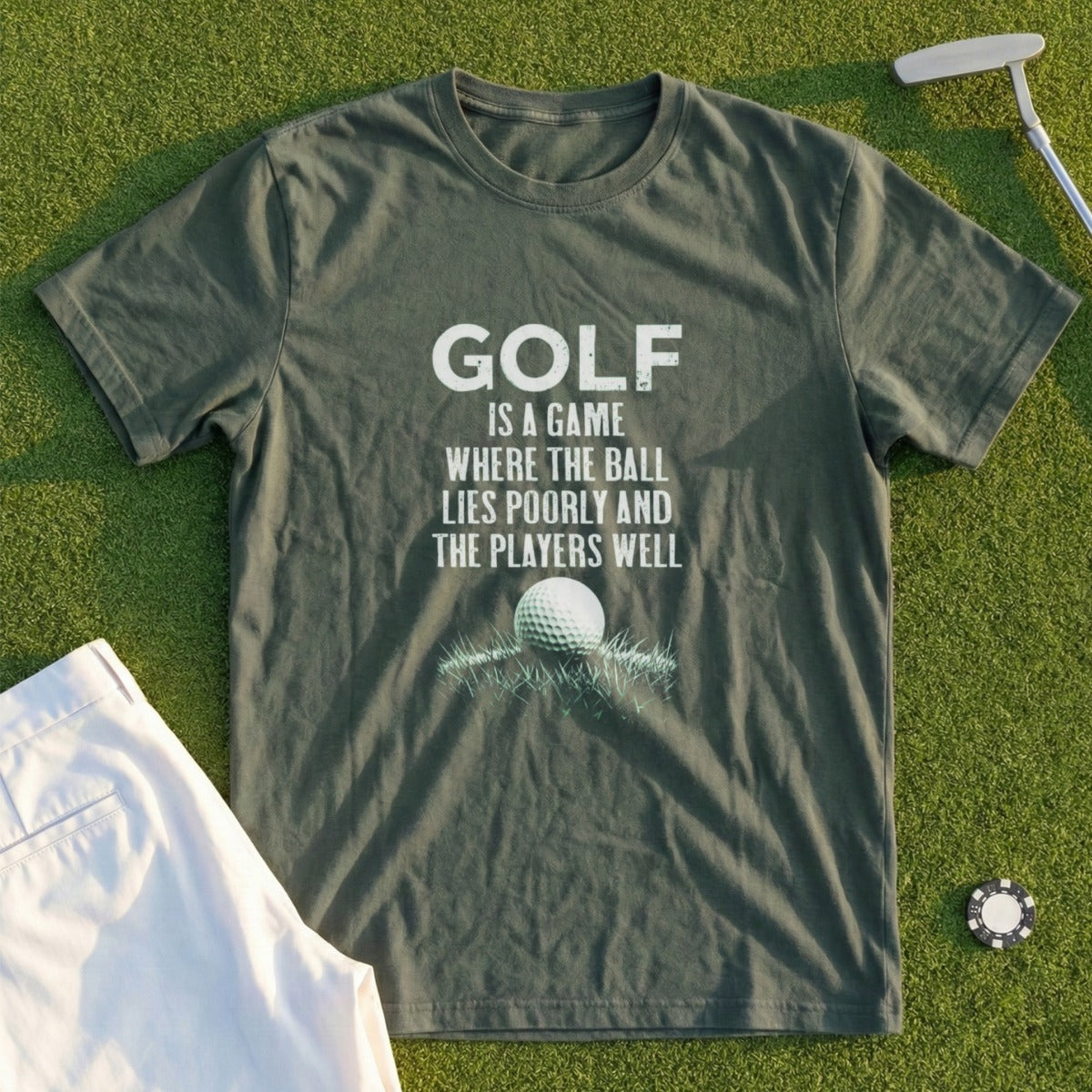 Olive green t-shirt with "GOLF IS A GAME WHERE THE BALL LIES POORLY AND THE PLAYERS WELL" text.