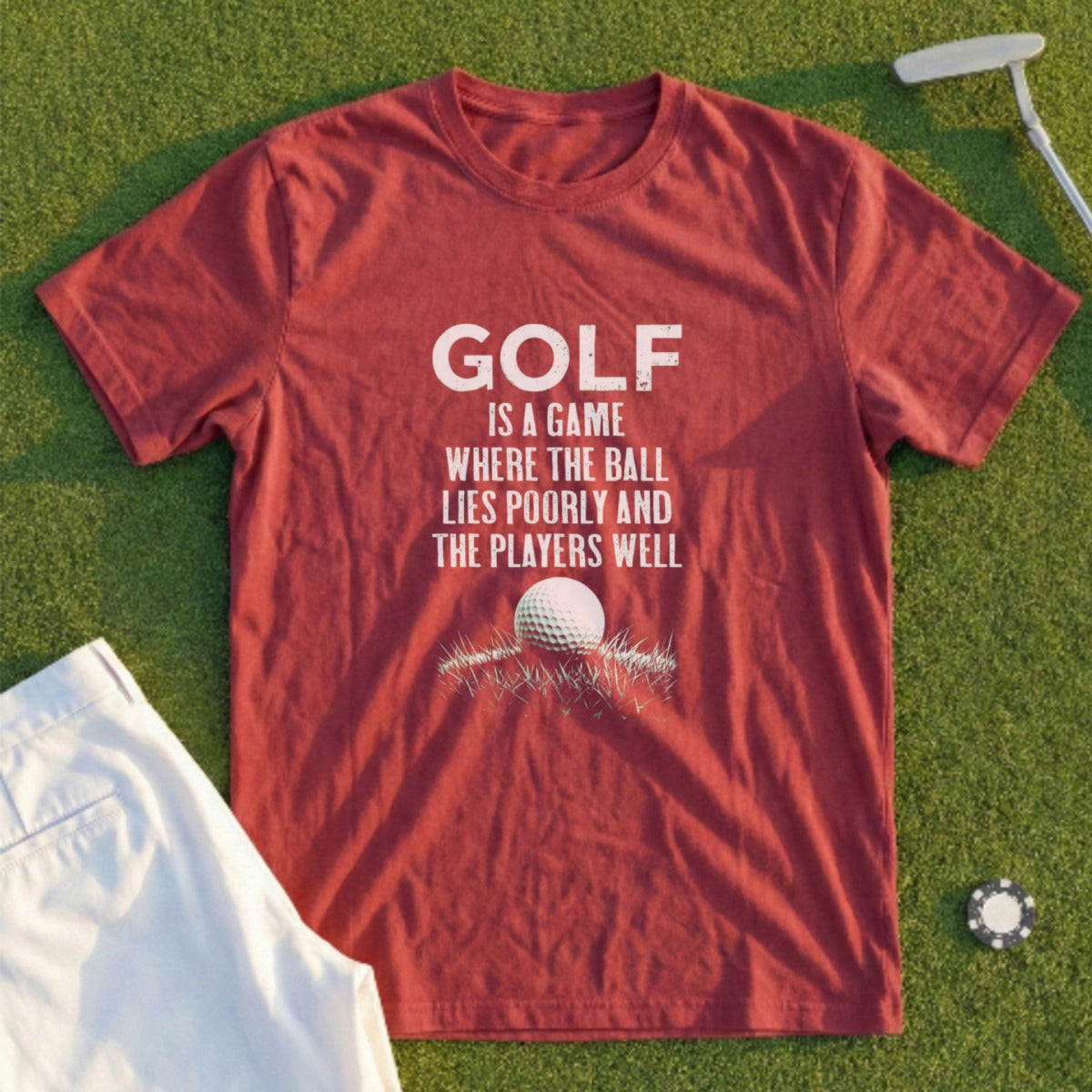 Maroon t-shirt with white text about golf, golf ball, and grass.