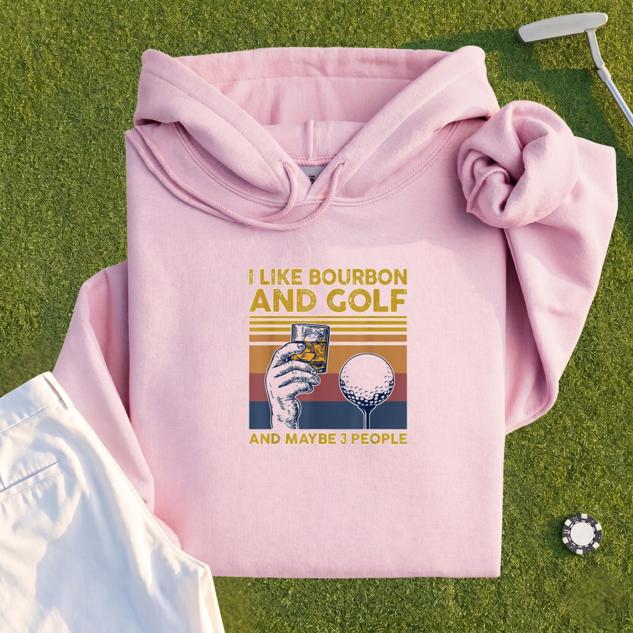 I Like Bourbon and Golf Hoodie - Light Pink