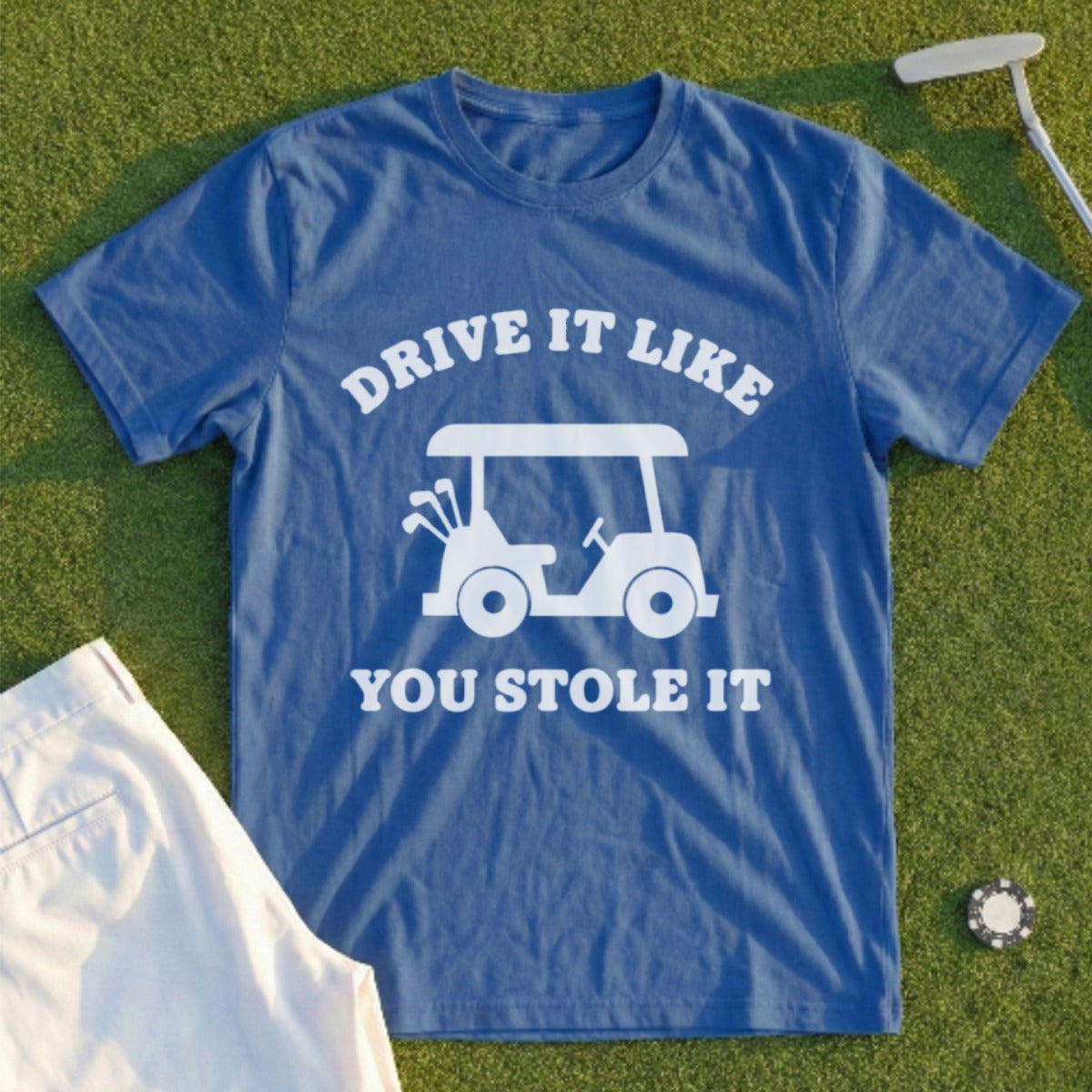 Blue t-shirt with white text and golf cart graphic.
