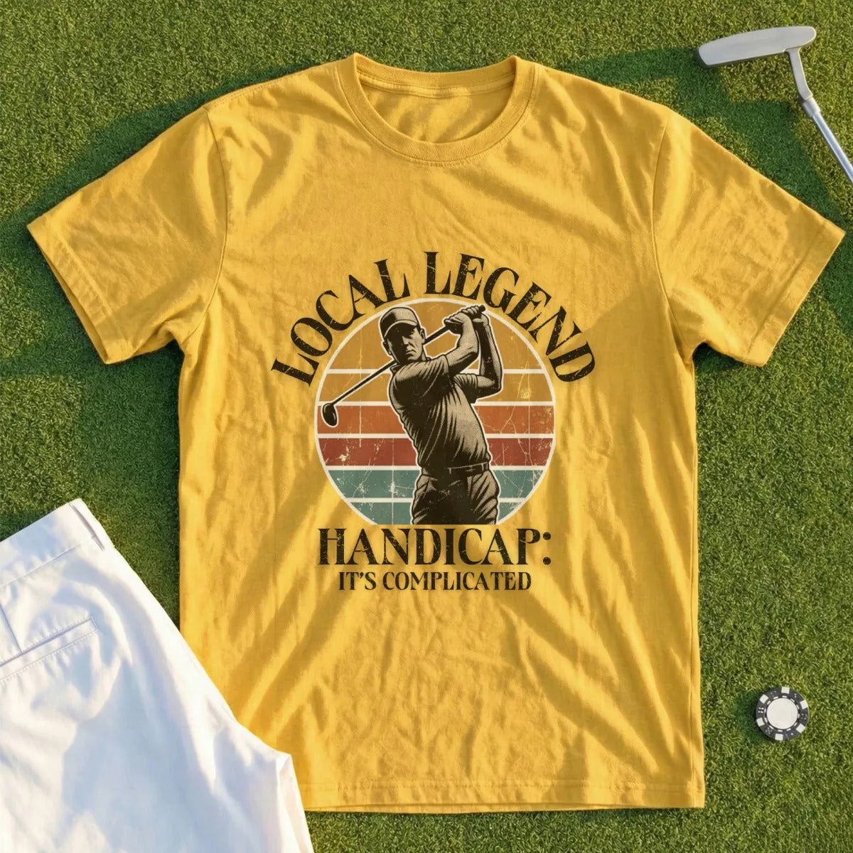 Yellow t-shirt with "Local Legend Handicap: It's Complicated" and golfer graphic.