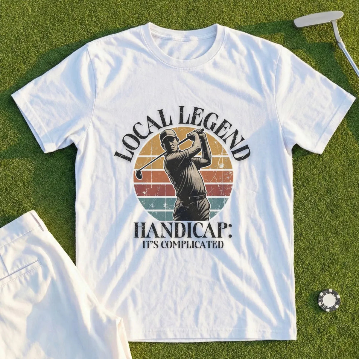 T-shirt with "Local Legend: It's Complicated" and golfer graphic.