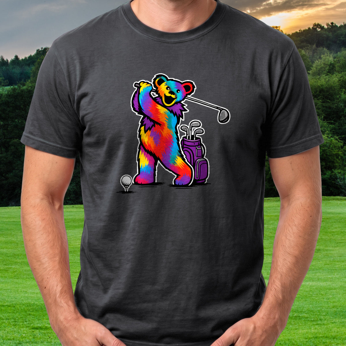 Long Strange Drive Tee worn on the golf course, Black