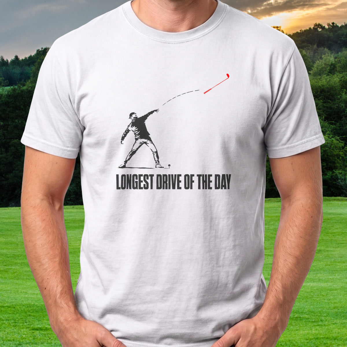 Longest Drive Of The Day Tee worn on the golf course, White