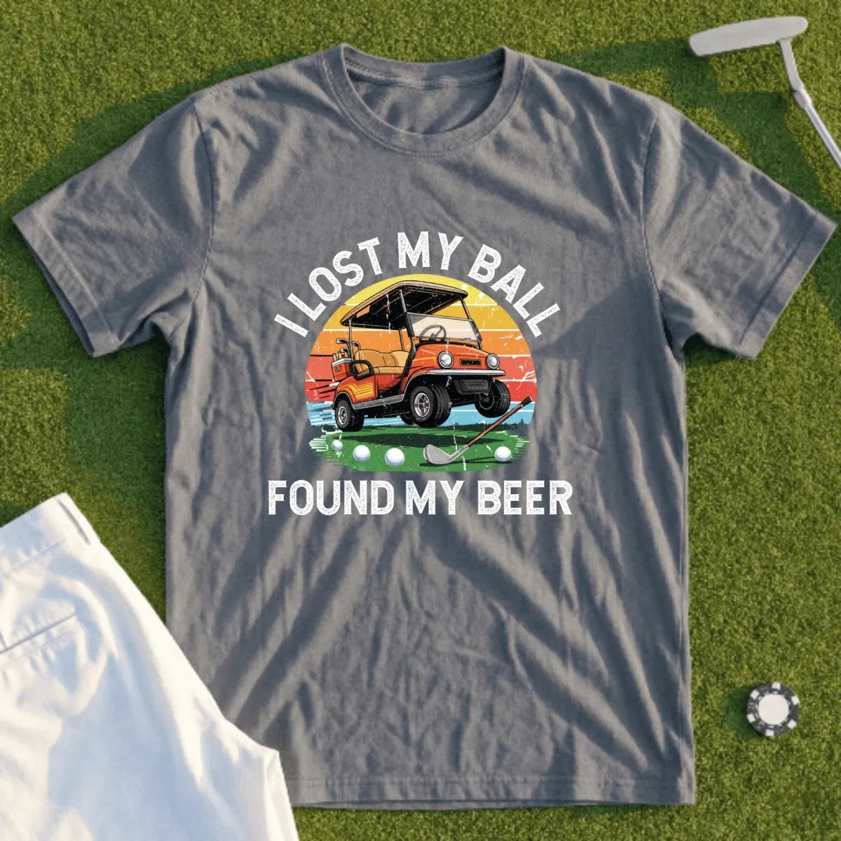 Golf shirt with a golf cart and text: I lost my ball, found my beer.