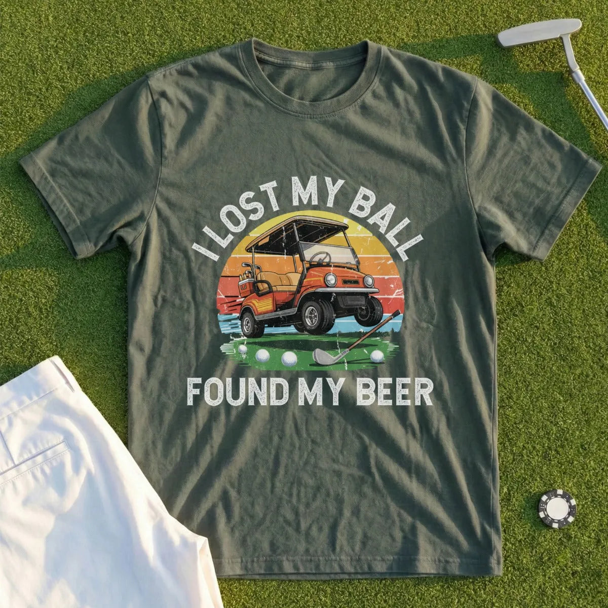T-shirt with golf cart, golf club, and text "I lost my ball found my beer".