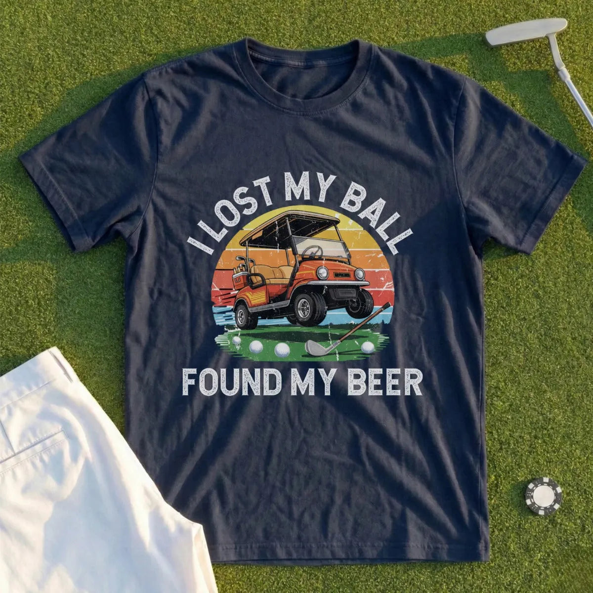 Navy t-shirt with golf cart, golf club, and text "I LOST MY BALL FOUND MY BEER".
