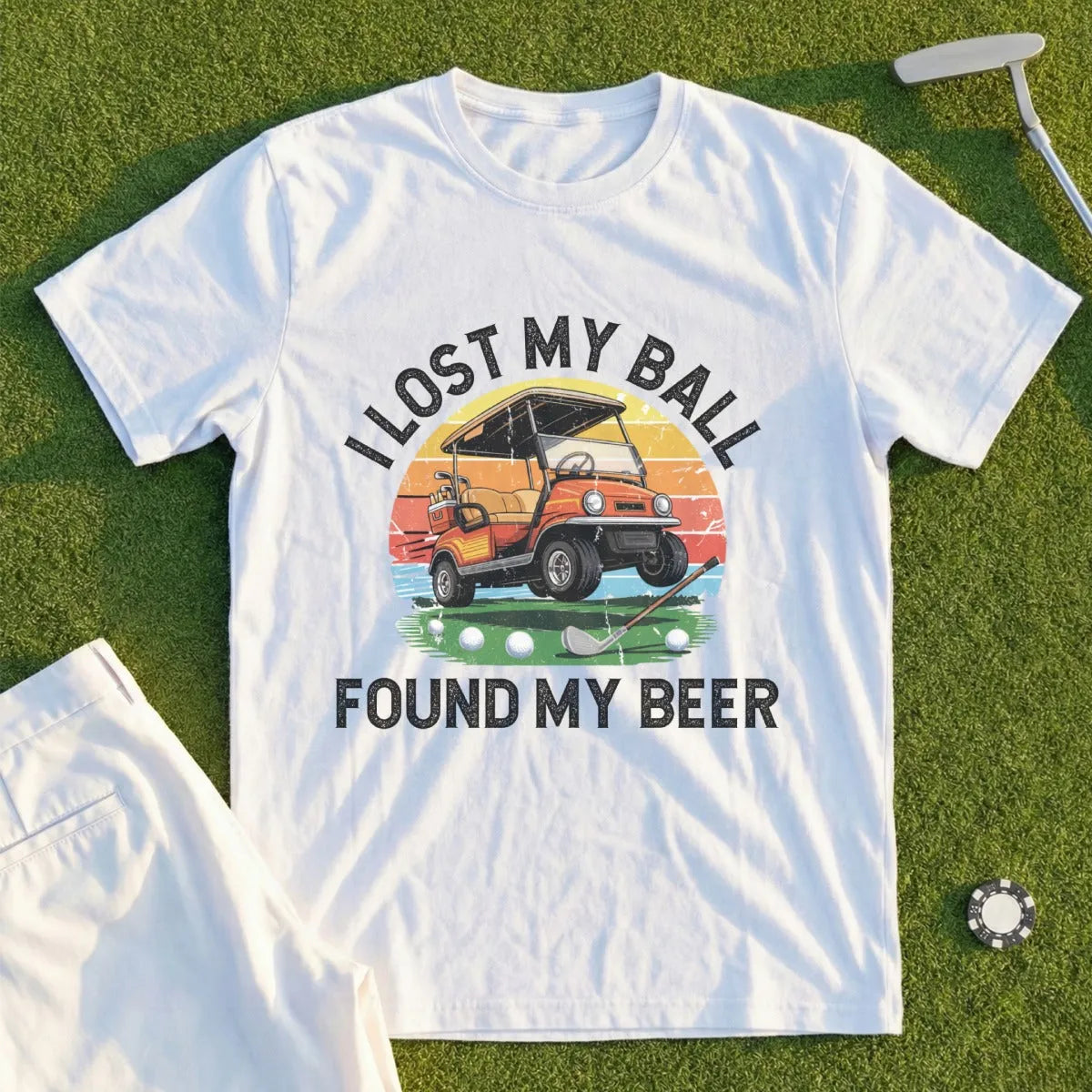 White t-shirt with "I lost my ball found my beer" text and golf graphic.