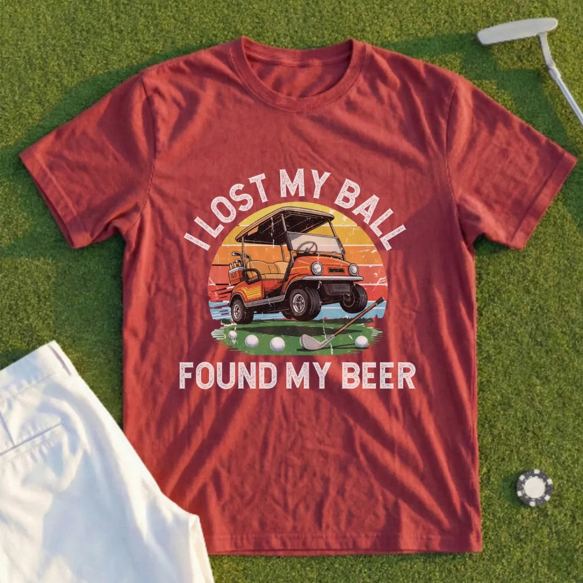 Maroon t-shirt with text "I lost my ball found my beer" and golf graphic.