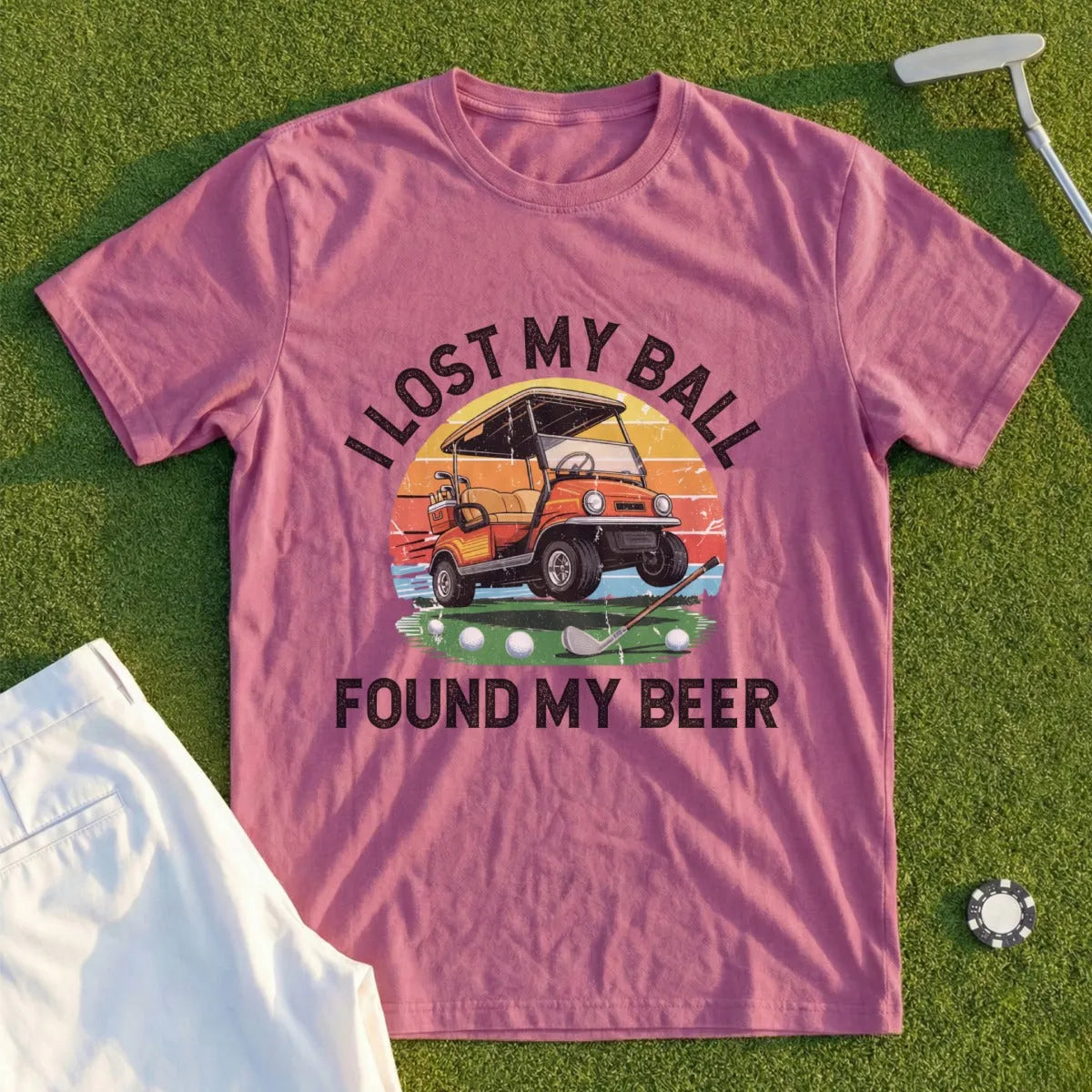 T-shirt with golf cart, golf club, balls, and text "I lost my ball, found my beer."