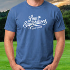 Low Expectations Club Tee worn on the golf course, Royal