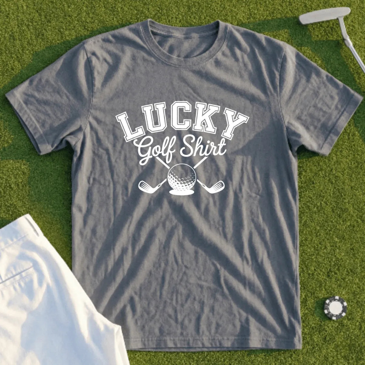Grey t-shirt with "LUCKY Golf Shirt" and crossed golf clubs design.
