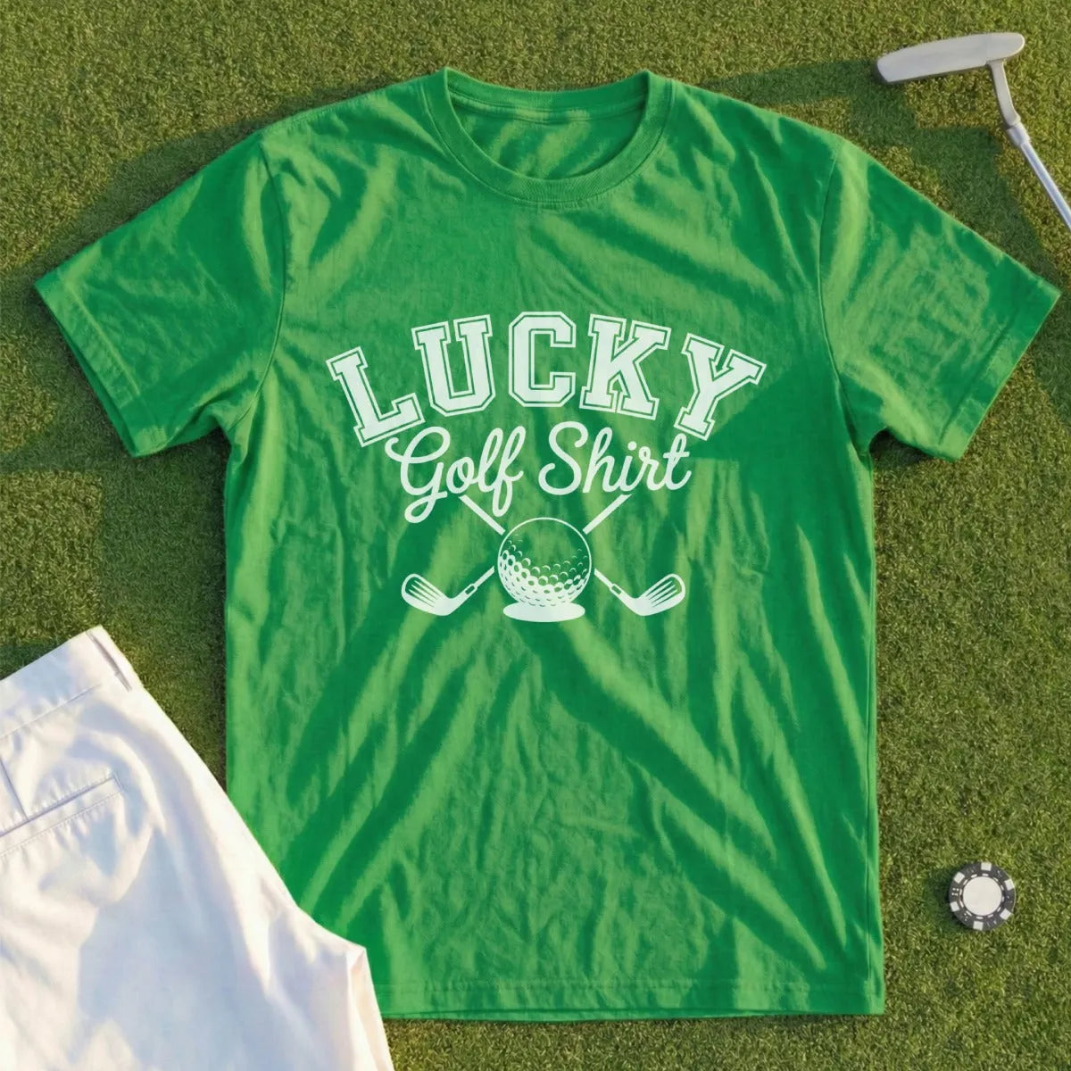 Green t-shirt with "Lucky Golf Shirt" text and golf club graphics.