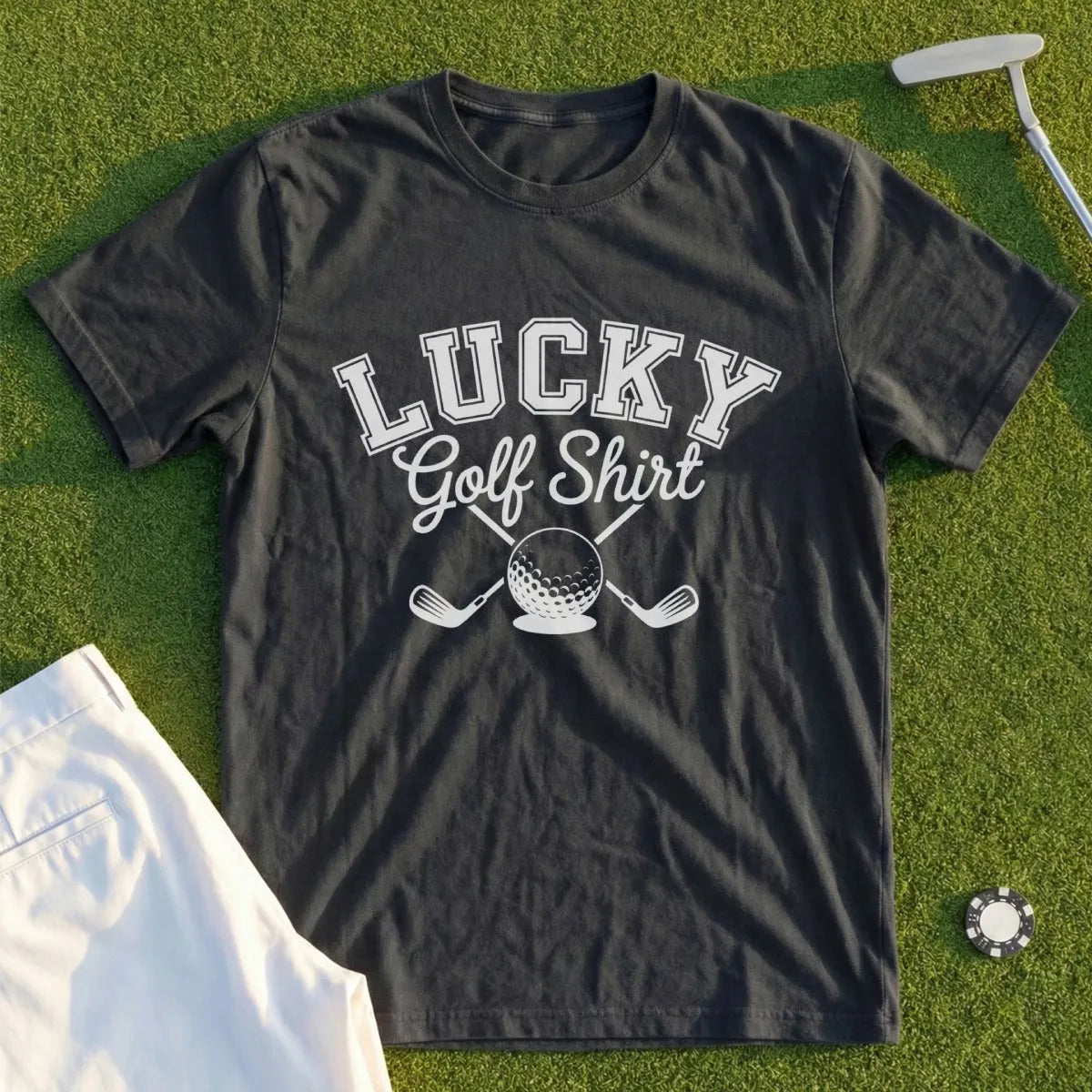 Dark t-shirt with "LUCKY Golf Shirt" text and golf clubs and ball.