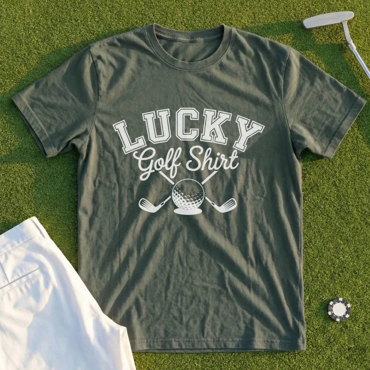 Green t-shirt with "Lucky Golf Shirt" text and golf ball and clubs graphic.