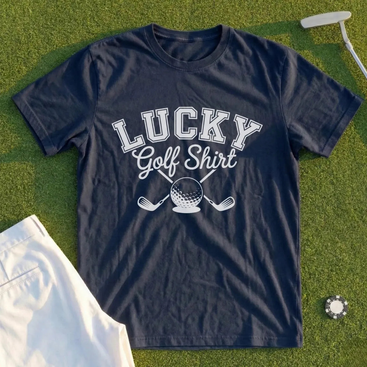 Navy blue t-shirt with "Lucky Golf Shirt" and crossed golf clubs graphic.
