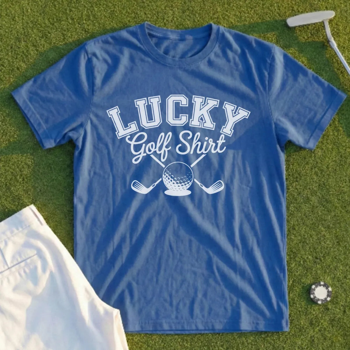 Blue t-shirt with "Lucky Golf Shirt" and crossed golf clubs graphic.