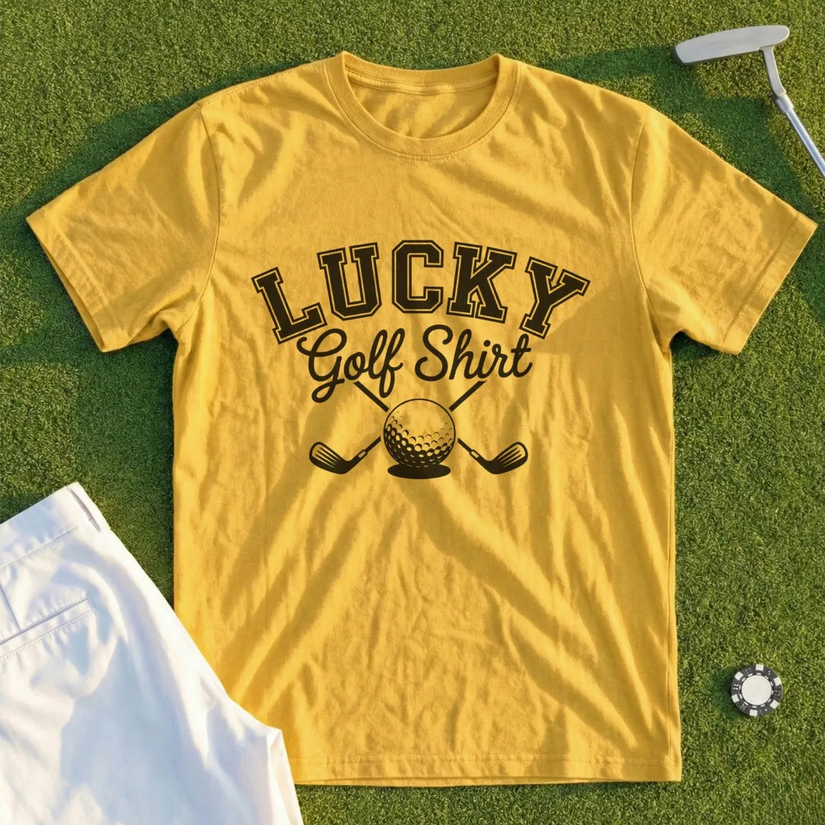 Yellow t-shirt with "Lucky Golf Shirt" text and golf ball and club graphic.