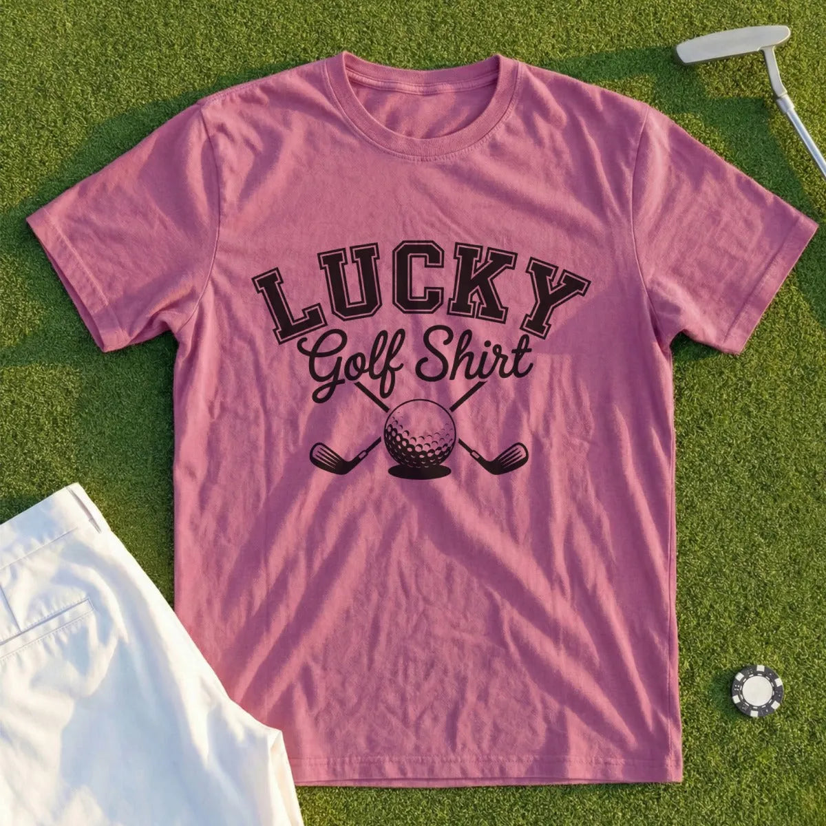 Pink t-shirt with "LUCKY Golf Shirt" text and crossed golf clubs and ball.