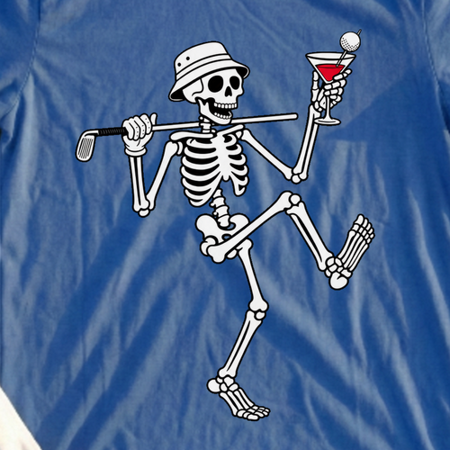 Martini Skeleton Strut Tee, print close-up on Royal