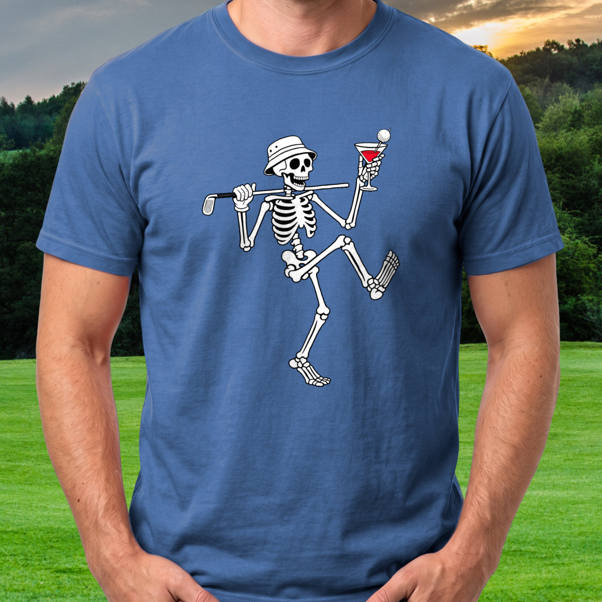 Martini Skeleton Strut Tee worn on the golf course, Royal