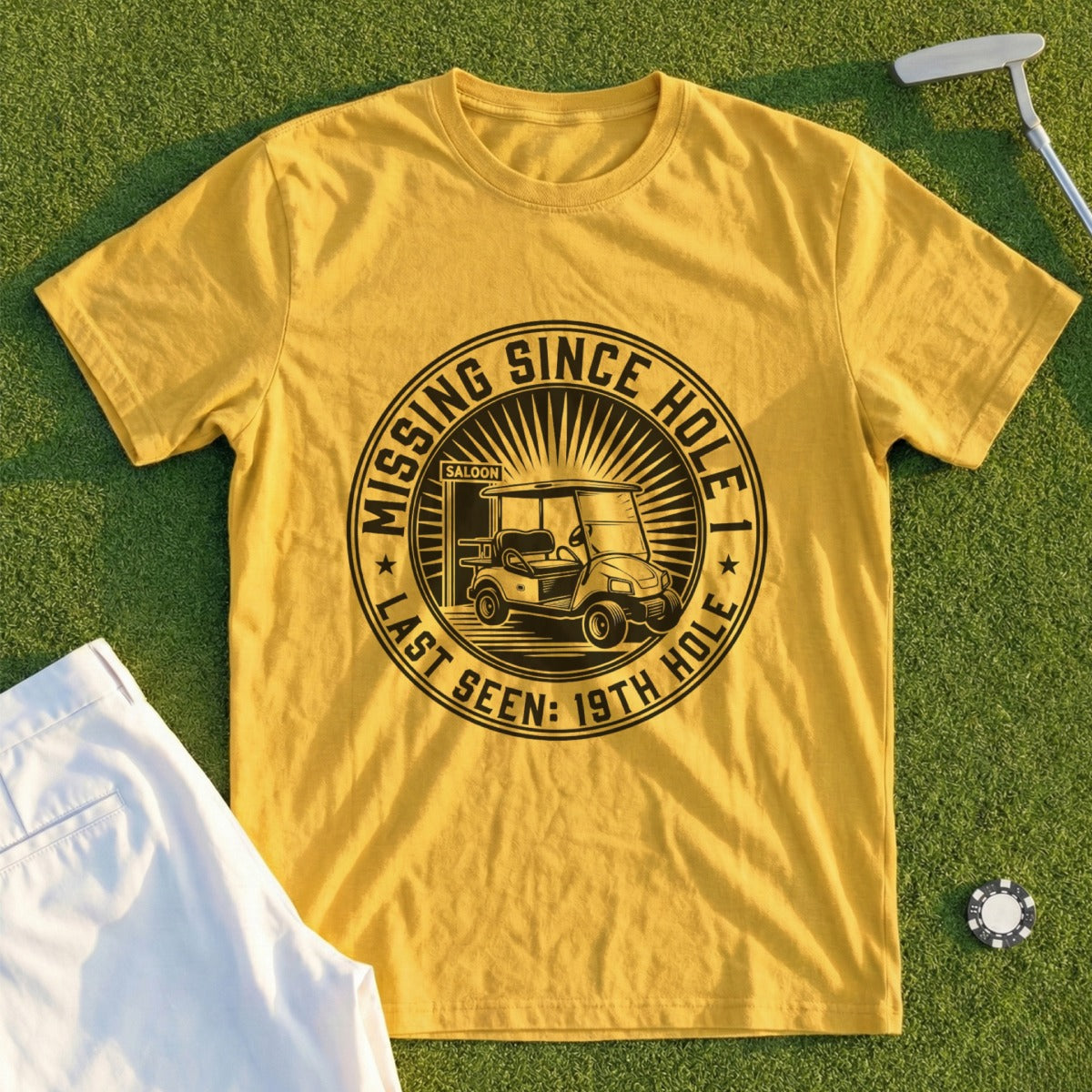 Yellow t-shirt with "Missing Since Last Seen: 19th Hole" golf graphic.