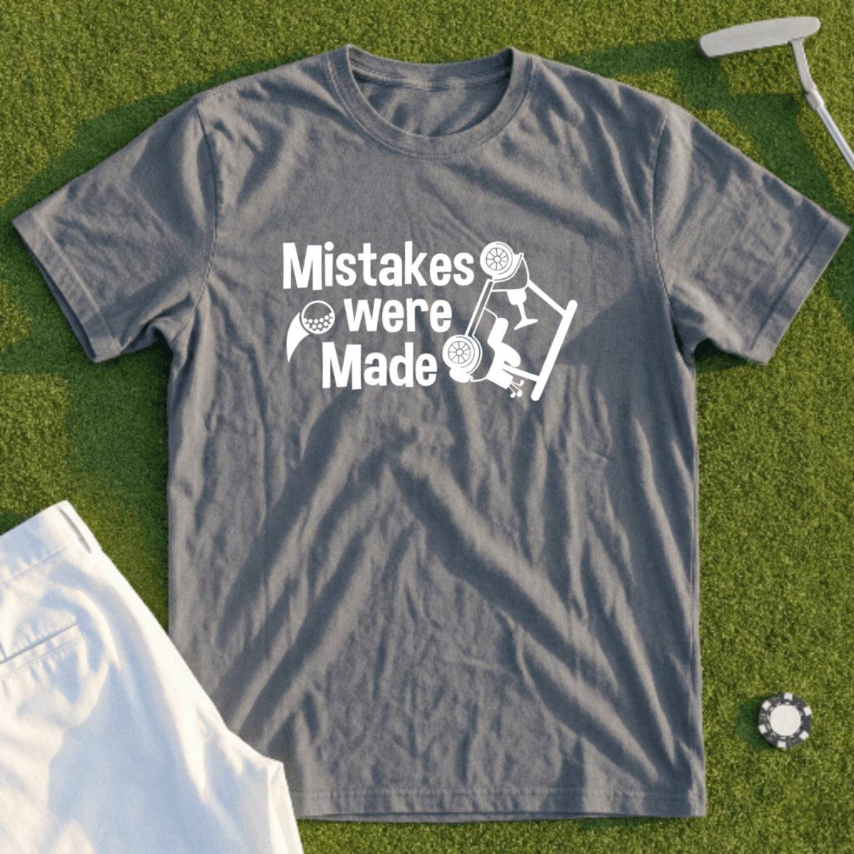 Gray t-shirt with "Mistakes were Made" text and a cartoon car crash.